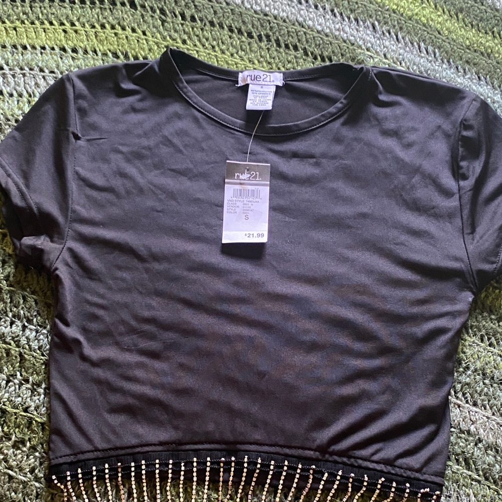 Rue21 Black Crop Top with Beaded Hem